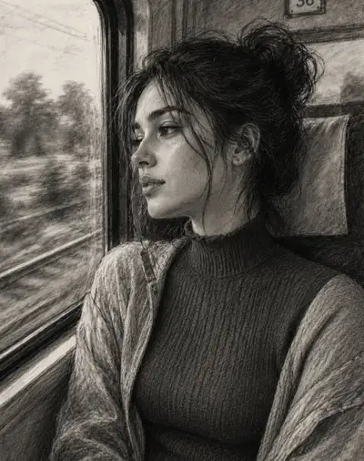 Pencil Sketch Portrait of Woman by Train Window