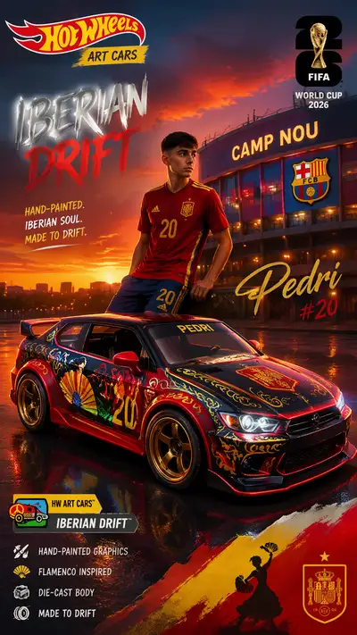 Hot Wheels poster of Pedri as Iberian Drift art car