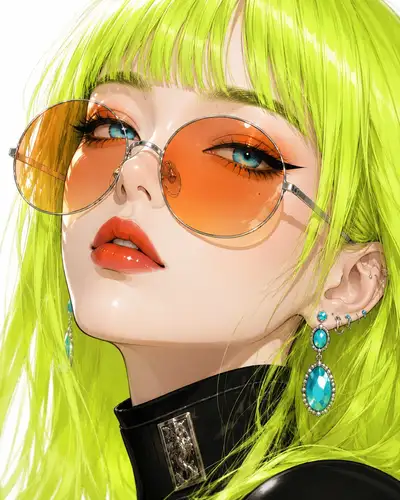 Retrato editorial de beleza anime neon com cabelo verde-limão elétrico