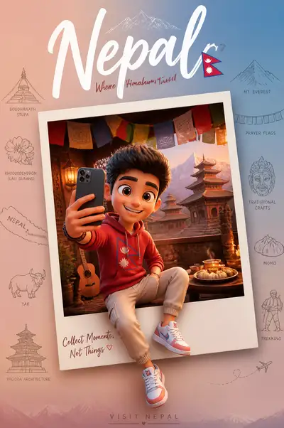 Cute 3D Cartoon Travel Poster Character for Nepal