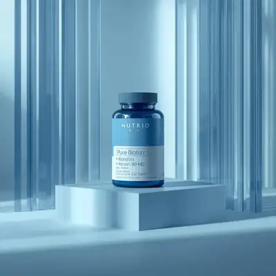Minimalist product photo of a biotin supplement container