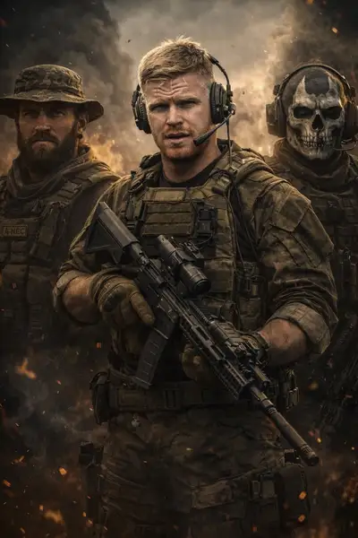 Elite military squad lineup in a warzone