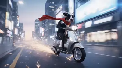 Cinematic Cow Riding Scooter Video Prompt