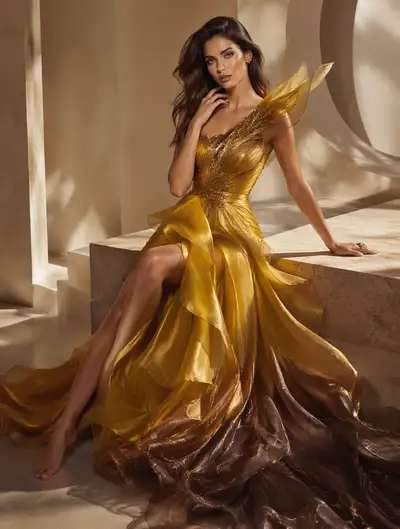 Yellow couture gown editorial seated on a travertine block