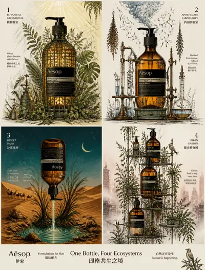 Aesop bottle 2x2 grid lifestyle advertising poster
