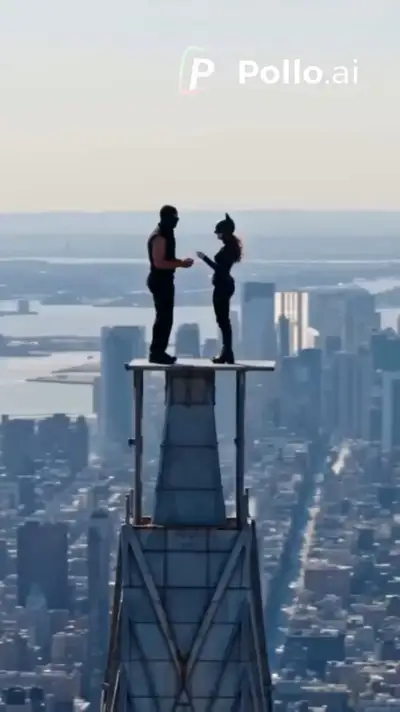 Paparazzi helicopter shot of a masked couple's rooftop proposal