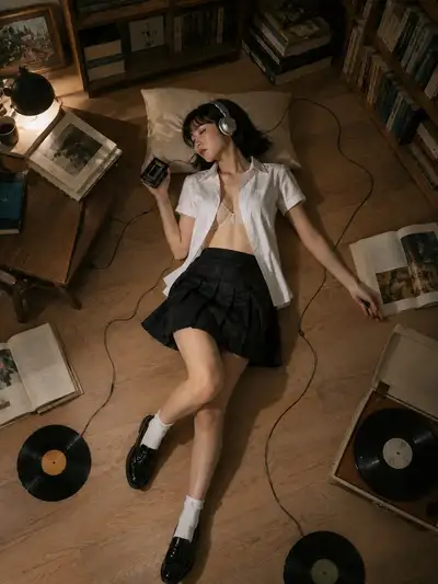 Femme sur un lit avec livres et disques - Prompt photo éditoriale