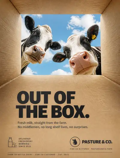 Cardboard box POV dairy advertisement with curious cows