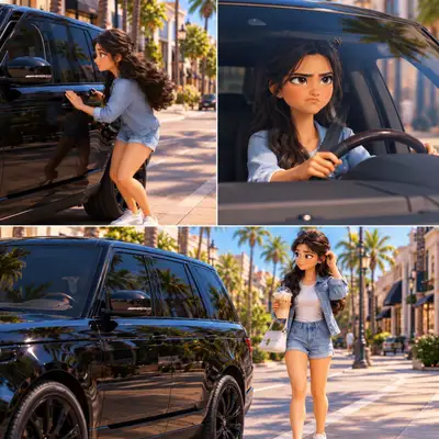 3-Panel Cinematic 3D Animated Collage of Young Woman with SUV