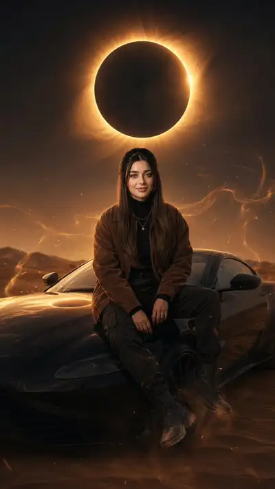 Retrato de eclipse solar no deserto ao lado de um carro esportivo de luxo