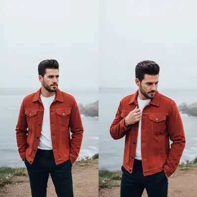 Coastal cliffside diptych portrait in a corduroy jacket