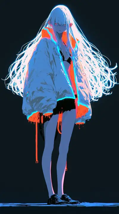 謎めいたサイバーアニメ風女性のネオンポートレート