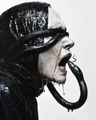 Nonne décharnée avec Serpent et Chapelet, les yeux bandés
