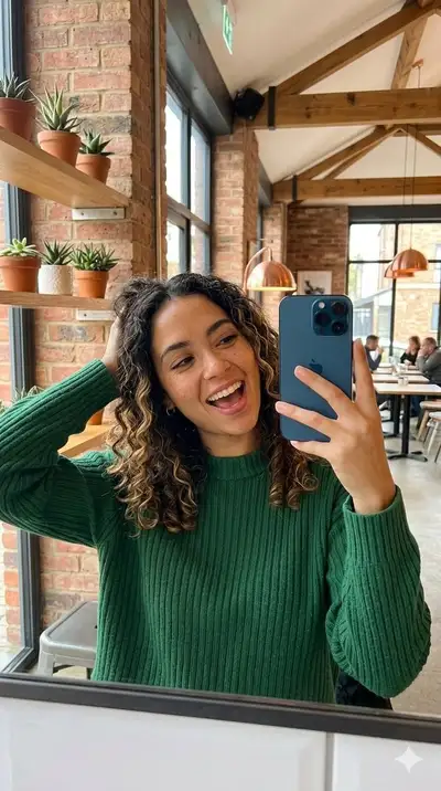 Cheerful mirror selfie in a cozy cafe with curly hair