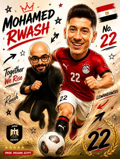 Chibi caricature poster of an Egyptian footballer with jersey art