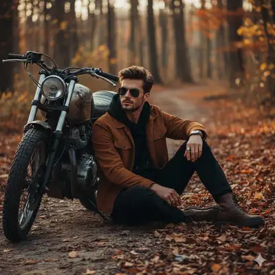 Retrato cinematográfico de motocicleta en otoño