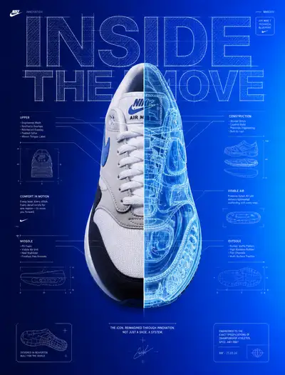 Sneaker Advertising Poster With an X-Ray Blueprint Half