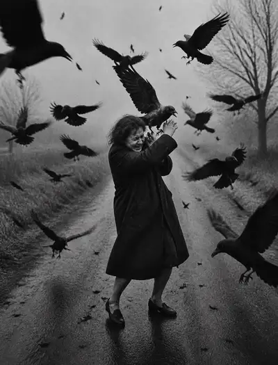 カラスに襲われる女性のモノクロホラーシーン