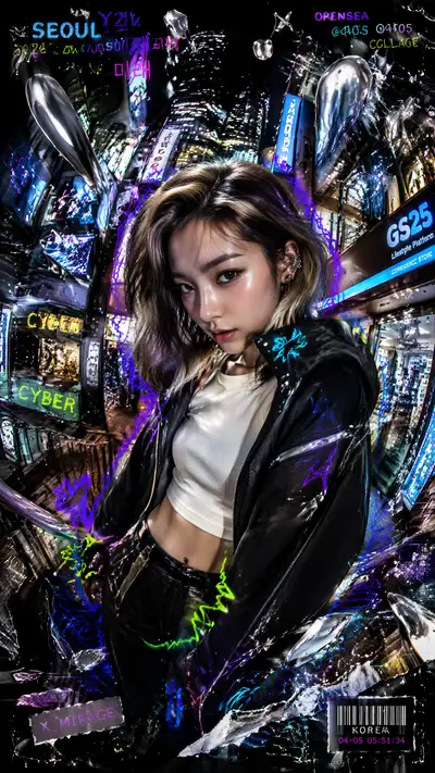 Mixed media collage portrait of edgy Seoul cyberpunk girl