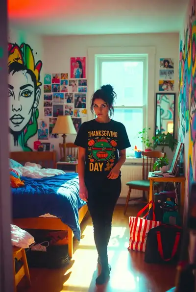Cinematic Thanksgiving Portrait in Graffiti Bedroom