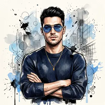 Watercolor Ink Portrait with City Skyline