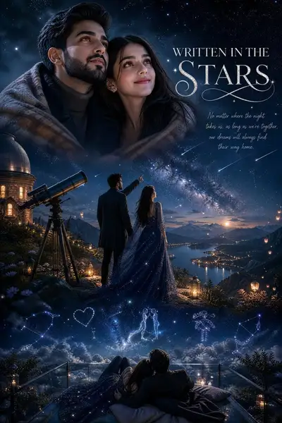 Póster romántico de pareja observando estrellas en un observatorio