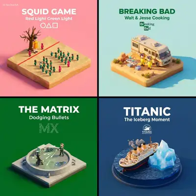 Miniature isometric diorama template of an iconic movie scene