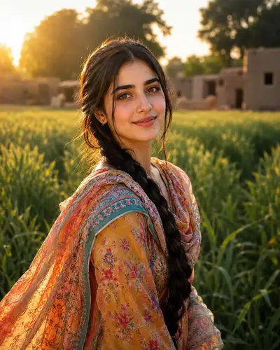 Retrato de mulher de aldeia do sul da Ásia ao pôr do sol dourado