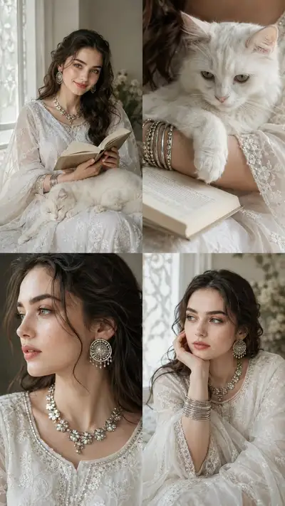 Silver Jewelry Aesthetic Collage with Book and Cat