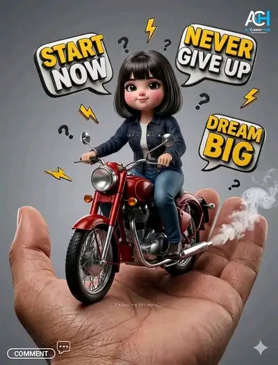 Rendu motivationnel d'un personnage 3D façon poupée sur une moto jouet