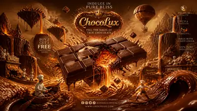 Molten chocolate fantasy advertisement flyer with cocoa kingdom