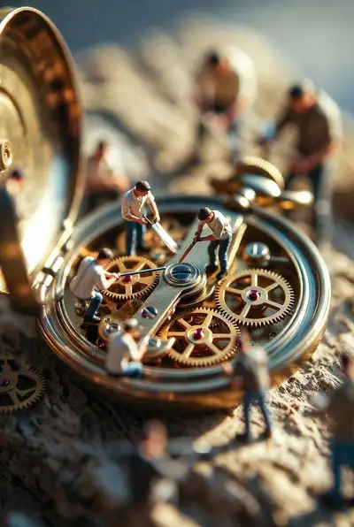 Miniature restoration workers repairing an antique pocket watch