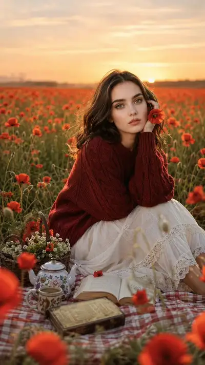 Retrato de Pícnic en Campo de Amapolas Onírico - Perfil en Primer Plano