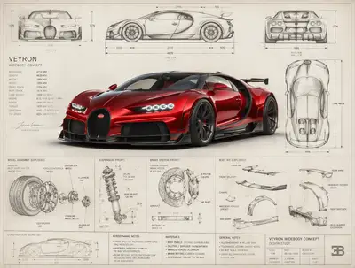 Bugatti Veyron widebody concept design board with sketches