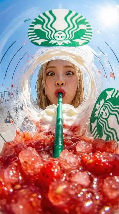 Fisheye view from inside a Starbucks frappuccino cup looking up