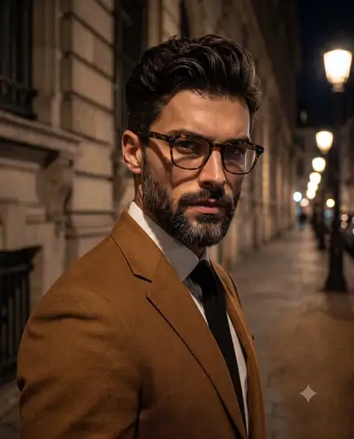 Chiaroscuro night street portrait of a bearded man in a suit