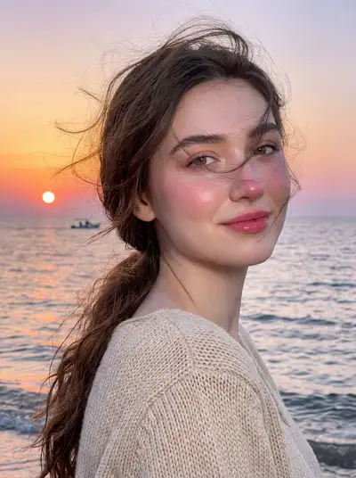 Seaside golden-hour portrait in a cream knit sweater