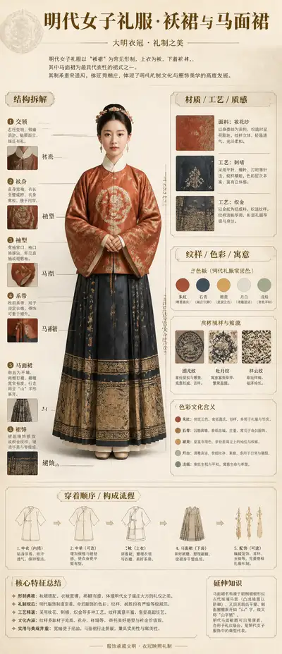 Infografía china estilo museo que desglosa un vestido de la dinastía Ming