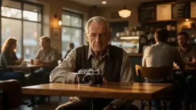 Transition cinématographique en flashback d'un vieil homme à un jeune photographe