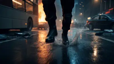 Prompt cinematográfico de video de persecución de invasión alienígena