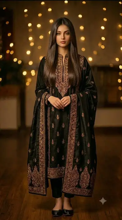 Fashion Editorial of Woman in Black Silk Kurta