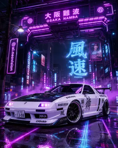 Póster Cyberpunk de Mazda RX-7 Widebody