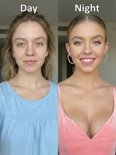 Before-and-after split portrait comparing day and night looks