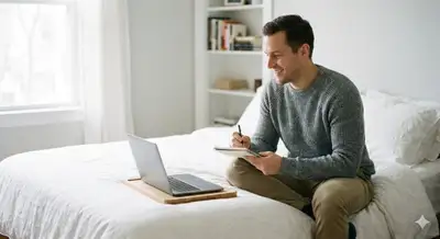 Calm minimalist lifestyle portrait relaxing on a bed