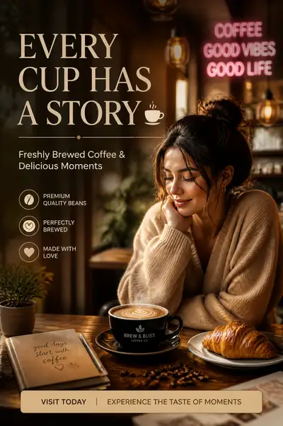 Gen Z cafe advertisement with cozy editorial aesthetic