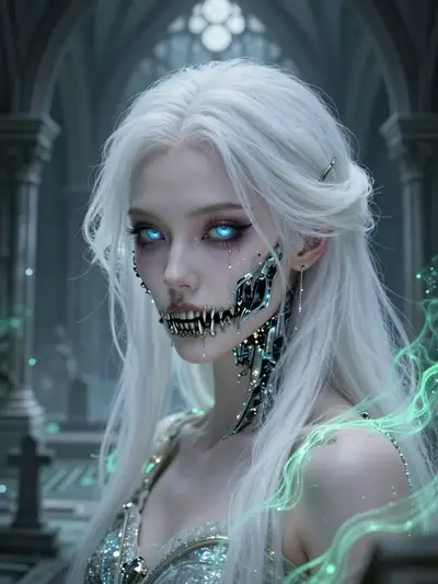 Gothic white-haired woman portrait in a labyrinthine cemetery