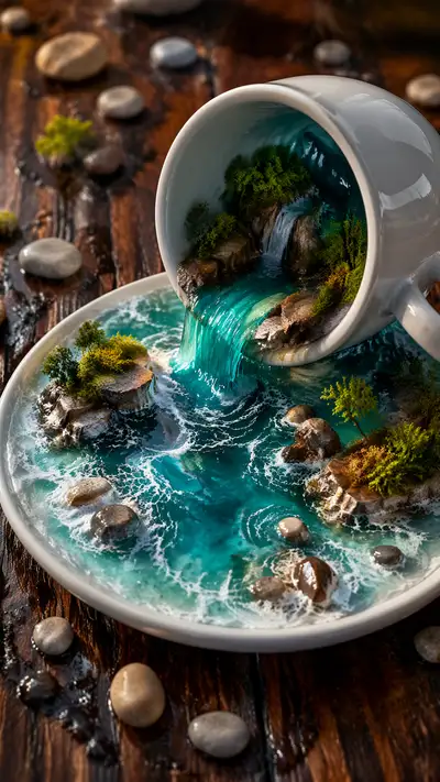 Miniature ocean diorama pouring from an overturned coffee cup