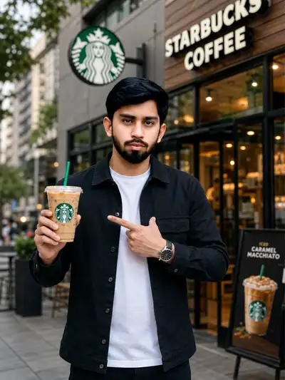 Influencer Holding Starbucks Iced Coffee Outside Cafe