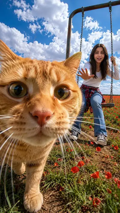 猫咪在虞美人花田里的换脸抓拍照中乱入
