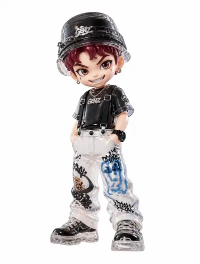 Crystal-clear resin blind box toy figurine of a streetwear character